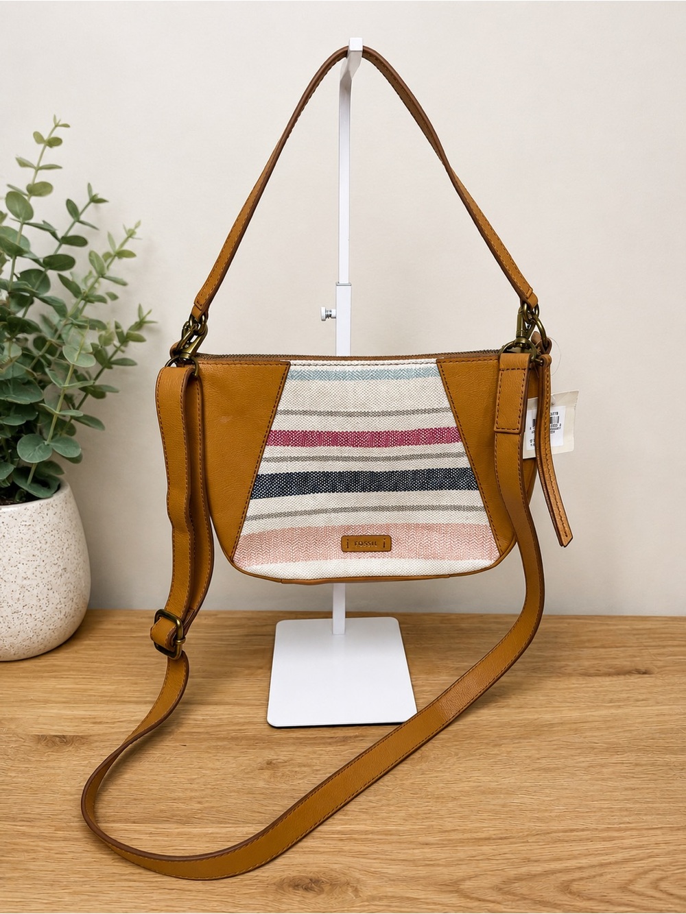 Fossil Skylar Crossbody Pink Stripe Tan Shoulder Bag NWT $178